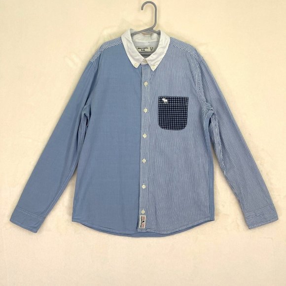 Abercrombie Kids Boys Button Up Shirt Size 13-14 Blue White Striped Long Sleeve - Picture 1 of 8